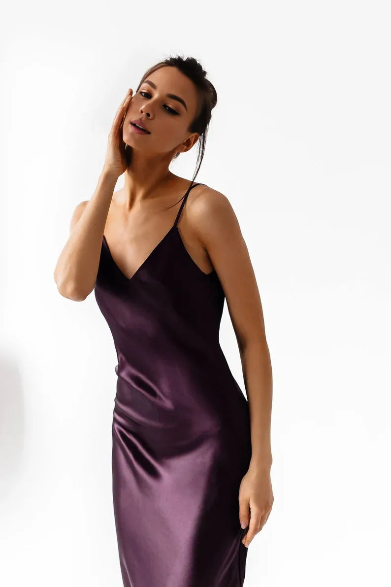 Buyishang Low back Plum silk slip midi dress Silk slip trends dress bridesmaid style dress bias slip prom dress date dress midi slip dress purple